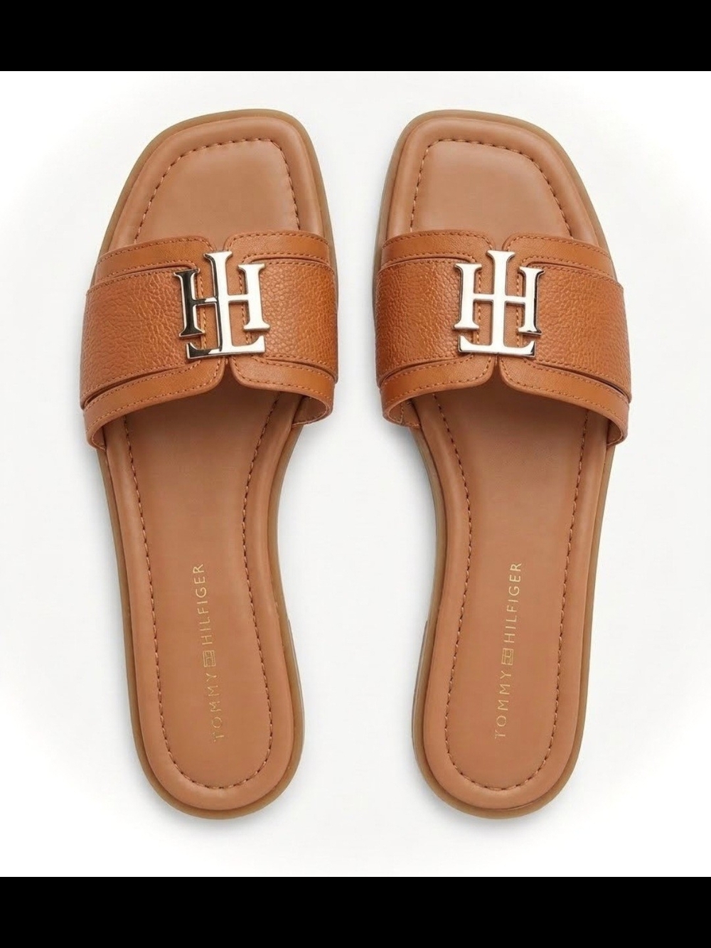 Tommy Hilfiger Tan Leather Slide Sandals with Silver TH Accent